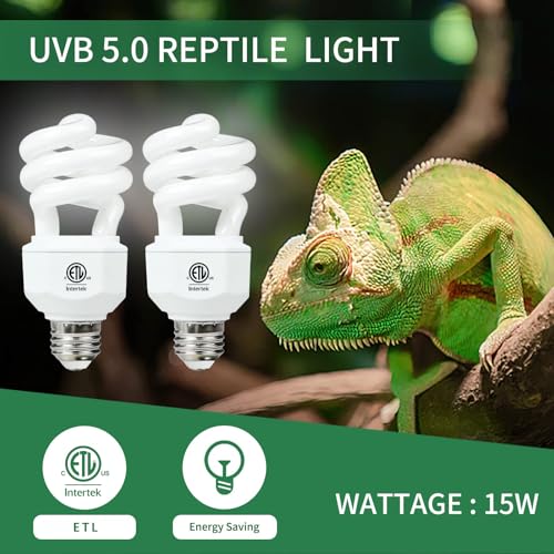 LUCKY HERP 2 Pack UVA UVB Reptile Light, 15W 5.0 UVB Bulb for Tropical and Sub Tropical Reptiles, Compact Fluorescent Terrarium Lamp, Reptile UVB Bulb for Chameleons, Lizard, Turtle - size: 15&5.0