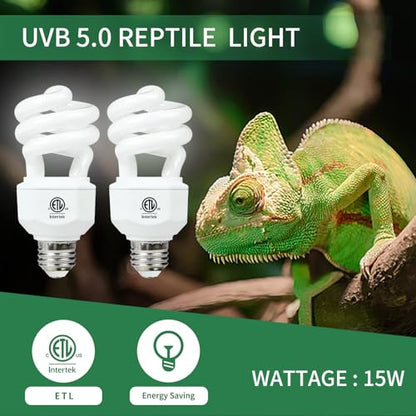 LUCKY HERP 2 Pack UVA UVB Reptile Light, 15W 5.0 UVB Bulb for Tropical and Sub Tropical Reptiles, Compact Fluorescent Terrarium Lamp, Reptile UVB Bulb for Chameleons, Lizard, Turtle - size: 15&5.0