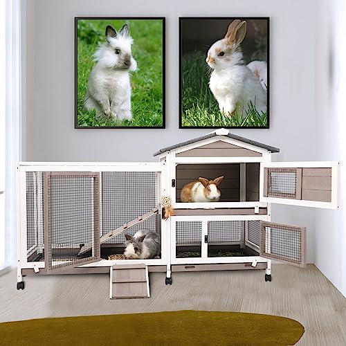Gowoodhut Rabbit Hutch Indoor Outdoor 2 Story Bunny Cage with 3 No Leak Trays,55.31" L Guinea Pig Cages Rabbit Cage with 6 Wheels for Guinea Pig,Rabbit for Rabbit Lover|Pet Lover(White/Grey) - size: 55.3"L x 21.7"W x 34.7"H