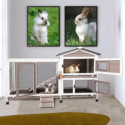 Gowoodhut Rabbit Hutch Indoor Outdoor 2 Story Bunny Cage with 3 No Leak Trays,55.31" L Guinea Pig Cages Rabbit Cage with 6 Wheels for Guinea Pig,Rabbit for Rabbit Lover|Pet Lover(White/Grey) - size: 55.3"L x 21.7"W x 34.7"H