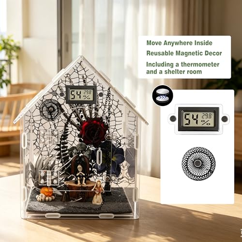 24-in-1 Jumping Spider Enclosure Kit, Acrylic Arboreal Terrarium with Magnetic Door & Feeding Hole, Complete Accessories for Tarantula Mantis Reptile Isopod, 8"x8"x12" (Gothic Style)