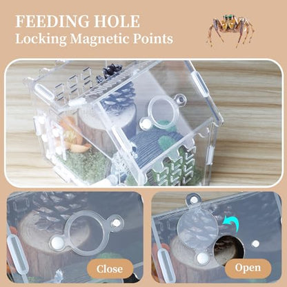 Jumping Spider Enclosure for Small Species, Acrylic Reptile Terrarium Habitat with Feeding Hole for Tarantulas, Praying Mantis, Gecko,Insects, Hermit Crab, Lizard, Snails Isopods - 6"*4"*6"
