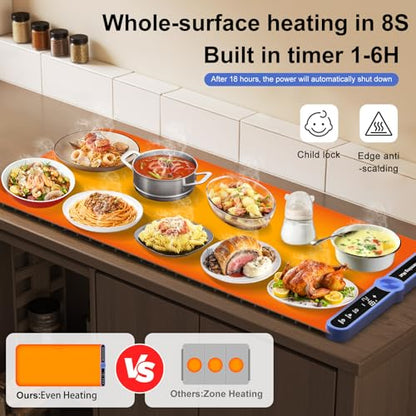 Extra Large Food Warming Mat XXL 40"x15" 550W, 8-Sec Fast Heating Silicone Warming Tray Touchscreen, 9 Temp Levels, 1-6H Timer, Child Lock, Rollable for Party Thanksgiving Buffet, Party,Beige - size: Beige-XXL 15*40in