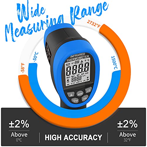AIOMEST Digital Infrared Thermometer - Non Contact High Temperature Gun AI-1500 Infra Pyrometer Temp Gauge -58~2732℉ Handheld IR Laser Reader for Cooking Kiln HVAC (NOT for Human Temp) - color: Blue