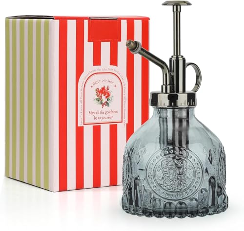 T4U Glass Plant Mister 200ML, Vintage Spray Bottle with Top Pump Fine Mist Garden Flower Sprayer Small Decorative Spritzer Watering Can Gift for Indoor Outdoor Succulent House Plant (Grey) - color: Gray