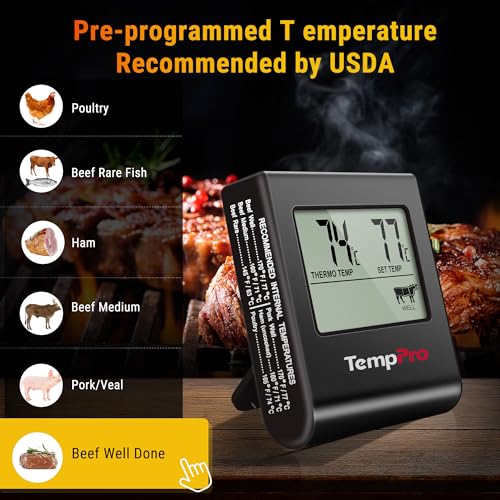 TempPro TP16 Large LCD Digital Meat Thermometer for Cooking, Smoking, Grilling, BBQ Food Temperature Indicator with Clock Timer and Stainless Steel Probe, Black(Previously ThermoPro) - color: Pure Black