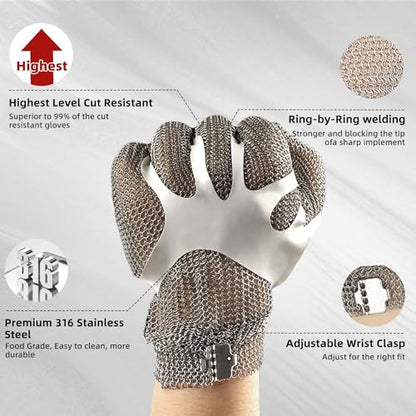 Schwer ProGuard-X A9 Cut Resistant Stainless Steel Metal Mesh Chainmail Glove PM5201 Butcher Glove for Meat Cutting Food Processing Knife Sharpening Oyster Shucking Kitchen Fish Fillet, XS - size: X-Small