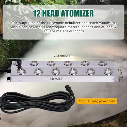 Ultrasonic Mist Maker Fogger 12 Head Pond Mister Fogger with Float, Waterproof Power Supply and Ceramic Disc, Ultrasonic Atomizer Humidifier for Greenhouse Halloween Decor (12 Heads) - style: 12 heads