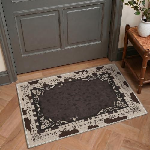 Bavni 2x3 Doormat, Floral Border Machine Washable,Soft Animal Small Boho Rugs Non Slip Low Pile Non-Shedding Throw Indoor Print Woodland Jungle Carpet for Entryway Front Door Bathroom, Deep Brown - color: Deep Brown-1, size: 2'x3'