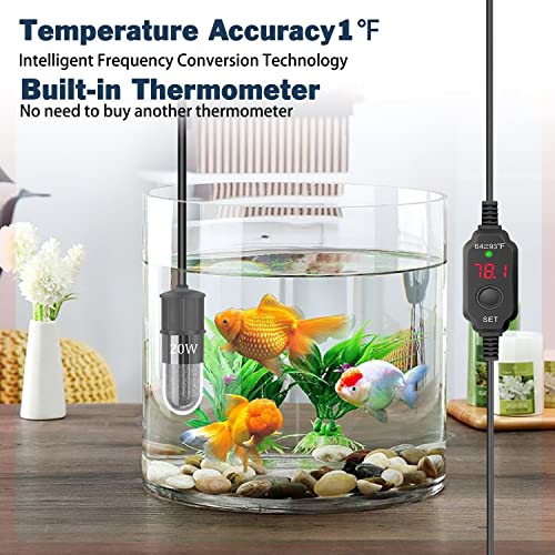 YOFOTHS Adjustable Mini Aquarium Heater 0.5/1/2/3 Gallon Submersible Small Fish Tank Heater 10W/20W/30W Digital Display Thermostat External Temperature Controller(20W) - size: 20W