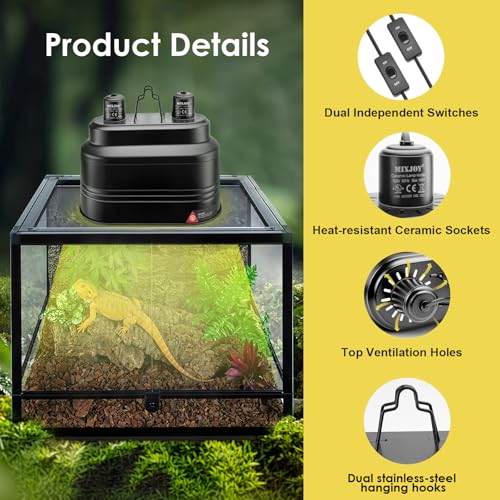 MIXJOY 11 inch Dual Reptile Light Fixture with 160W&125 Reptile Heat Lamp Bulb, Each UVA UVB Reptile Light Bulb with Separate Switches, for Reptile and Amphibian Use