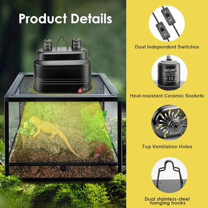 MIXJOY 11 inch Dual Reptile Light Fixture with 160W&125 Reptile Heat Lamp Bulb, Each UVA UVB Reptile Light Bulb with Separate Switches, for Reptile and Amphibian Use