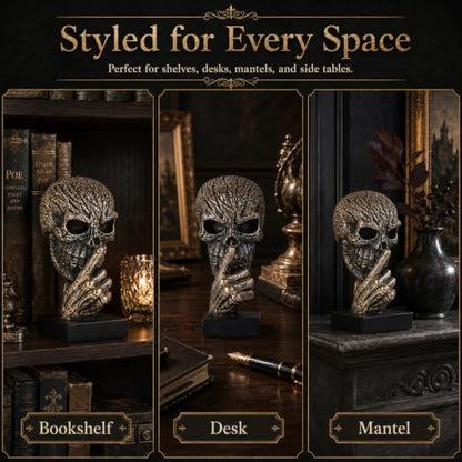 Black and Gold Speak No Evil Skull Sculpture – Gothic Halloween Figurine for Shelf or Desk, Resin Bronze Skeleton Statue for Goth Weird Home Decor, Dark Academia Office Spooky Accent