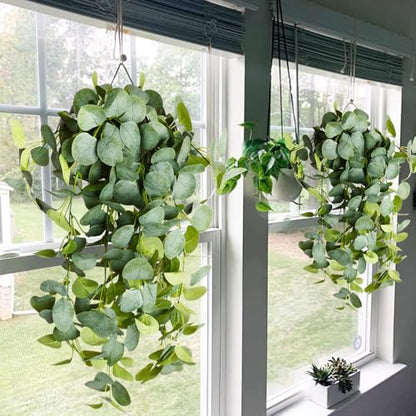 2pcs Artificial Hanging Plants Fake Eucalyptus Hanging Plant Artificial Greenery Vine Outdoor Plastic Plants (2, Green)