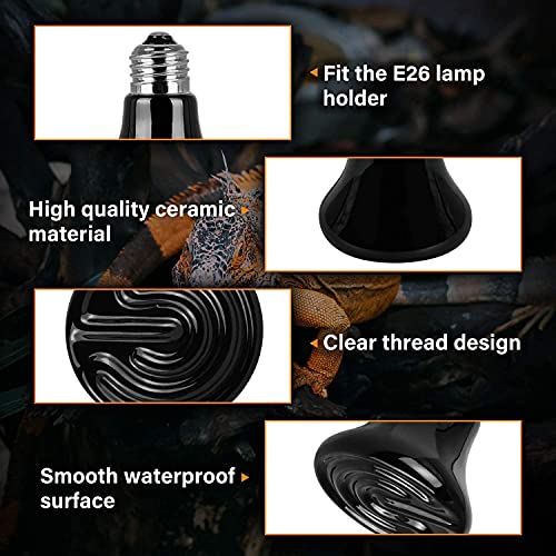 Simple Deluxe 25W/40W/50W/150W/250W Ceramic Heat Emitter Reptile Heat Lamp Bulb No Light Emitting Brooder Coop Heater for Amphibian Pet & Incubating Chicken, 25W(Mini), Black/2-Pack - size: 25 W, style: Mini 2-Pack