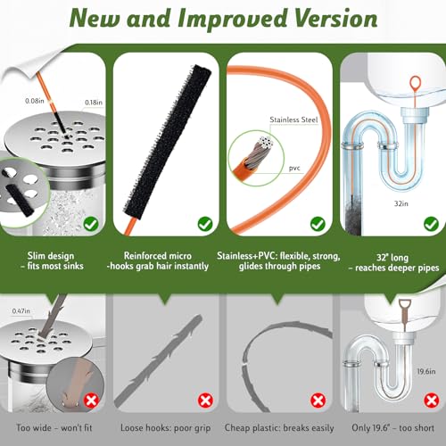 8 Pack Shower Drain Snake Set, 2 x 32" Snake Drain Hair Removal Tool, 6 × 18/24/28" Drain Cleaner Tool, Long Flexible Anti-Break Steel Plumbing Snake for Sink/Pipe/Bathroom/Toilet/Tub Drain