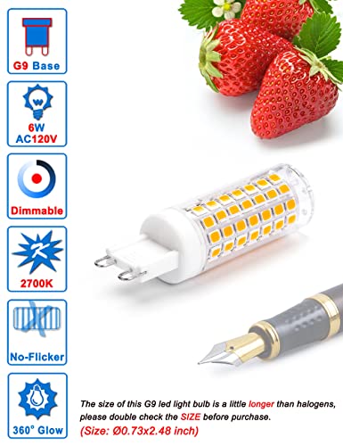 Ziomitus No Flicker G9 Led Bulbs Dimmable 6W Soft Warm White 2700K,40W 50W 60W Halogen Equivalent,AC120V Dimmable G9 T4 LED Bulb for Chandelier Pendant Ceiling Wall Light,600LM,360Deg(5Pack) - color: Warm White, size: 6 Watts