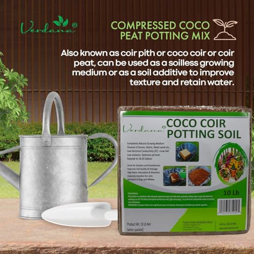 Verdana Coco Coir Potting Soil Brick - 10 lb Compressed Coconut Coir Block, Expands to 72 Quarts / 18 Gallons, Peat Moss Alternative for Seed Starting, Raised Beds, Potting Mix & Houseplants