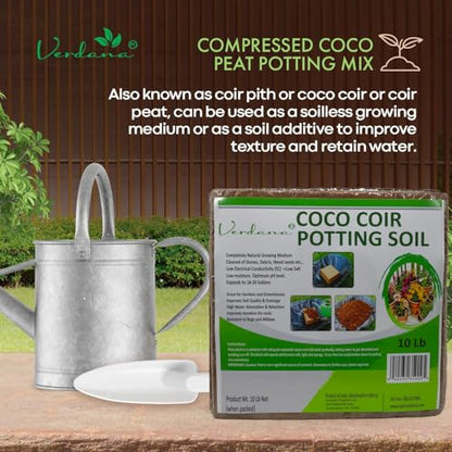 Verdana Coco Coir Potting Soil Brick - 10 lb Compressed Coconut Coir Block, Expands to 72 Quarts / 18 Gallons, Peat Moss Alternative for Seed Starting, Raised Beds, Potting Mix & Houseplants