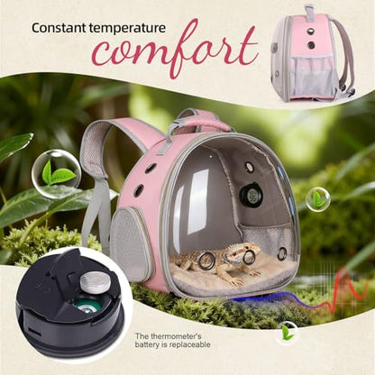 Bearded Dragon Travel Backpack Carrier with Reptile Thermometer and Humidity Gauge Lizard Travel Cage Space Capsule Clear Bubble Window Astronaut Reptile Bag for Ball Python (Pink, Backpack) - color: Pink, size: Backpack