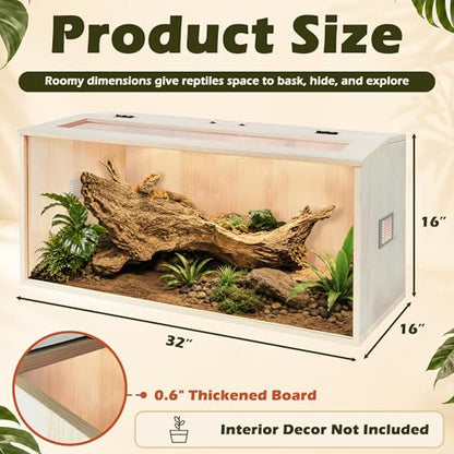 PROLEE Bearded Dragon Tank,Wooden Reptile Tank and Lizard Tank,Tempered Glass Large Bearded Dragon Enclosure with Built-in Lamp Fixture (32X16X16inch,34 Gallons) - color: Wooden Roof, size: 32X16X16inch,34 Gallons