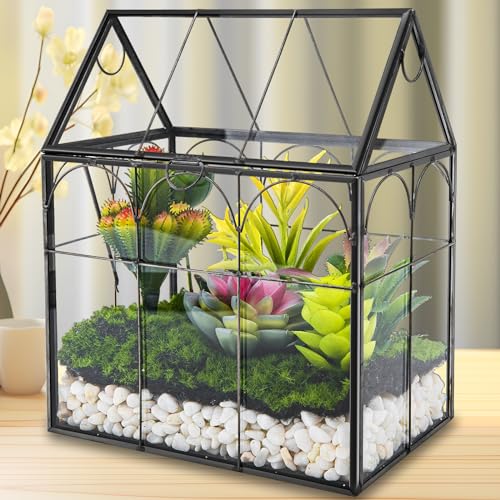Glass Plant Terrarium with Lid - Geometric House Shaped Terrarium Planter Kit for Succulent Snails Ferns Moss Air Planter, Glass Greenhouse Indoor for Home Garden Office Decor, Tabletop Terrarium