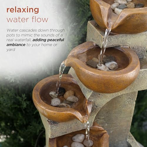 Alpine Corporation WCT726 | 16"H Indoor/Outdoor Tabletop Tiered Pouring Pots Waterfall Fountain — Natural Stone-Look Finish Adds Rustic Charm — Brown - style: 16"H - Brown 5-Tier Pouring Pots