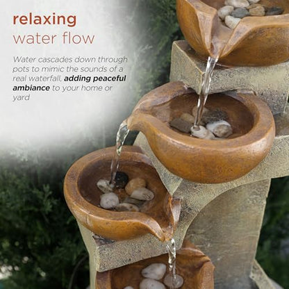 Alpine Corporation WCT726 | 16"H Indoor/Outdoor Tabletop Tiered Pouring Pots Waterfall Fountain — Natural Stone-Look Finish Adds Rustic Charm — Brown - style: 16"H - Brown 5-Tier Pouring Pots