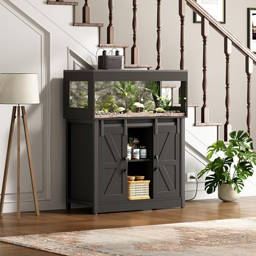 Herture 40 Gallon Reptile Terrarium with Stand, Reptile Tank with Barn Door and Storage, Vivarium with Acrylic Doors, Ventilated Mesh Top & Power Outlet, for Geckos, Lizards, Snakes Black PX06RTB - color: Black, size: 40 Gallon