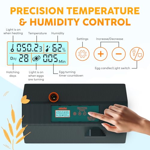 Incubator for Hatching Eggs - Ideal for All Ages - Automatic Turner and Humidity Control - Integrated Candler - 10 Eggs - Okkobi M10 - Green & Orange