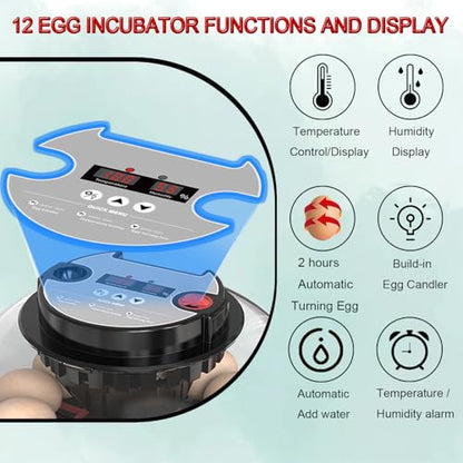 12-24 Egg Incubator with Automatic Egg Turning and Humidity Control,Water Refill,Egg Candler,Incubators for Hatching Chicken,Ducks,Goose,Quail,Pigeon,Parrot,Turkey for Farm, Home,Science Classroom