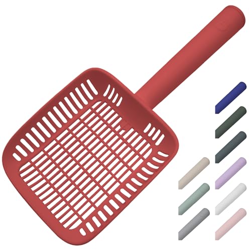 TypeC Cat Litter Scoop - Small Holes (0.11in) Big Size Scooper - Long Handle & Easy Cleaning - Hanger for Litter Box - color: RED