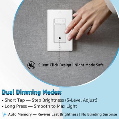 Single Pole Dimmer Light Switch, Neutral Wire Required, Work with LED/CFL (150W Max) & Halogen/Incandescent (600W Max), Rocker Dimmer Switch,5 Brightness Levels, ETL/FCC Certified, 2-Pack - color: Single-Pole Push Dimmer
