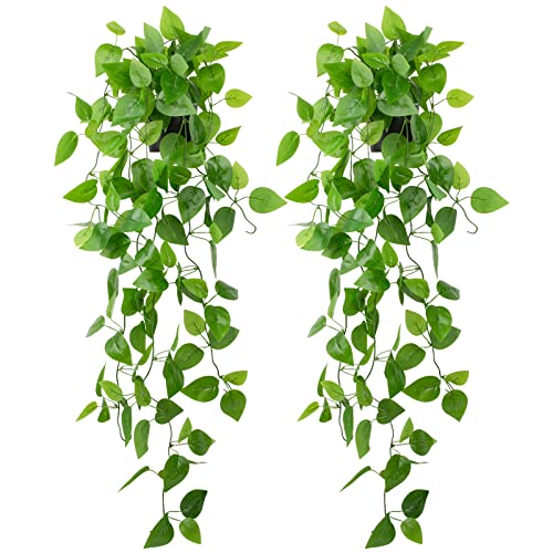 LOYWREE 2 Pack Small Artificial Hanging Plants with Faux Ivy Vine and Hanging Pothos 39Inch Fake Plant Realistic Greenery for Shelf Decor in Home, Office, Indoor & Outdoor Gardens - color: Pothos, size: 2Pack