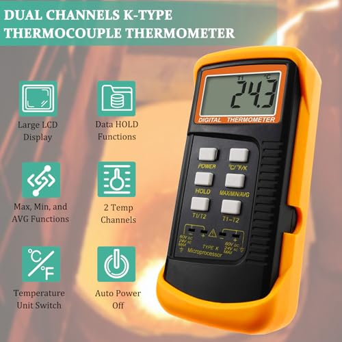 K Type Thermocouple Thermometer Dual Channels Thermocouple Tester (-58~2372°F) High Accuracy Temperature Kelvin Scale Meter with 2X Temperature Clamp & 2X Pipe Thermocouple Probes