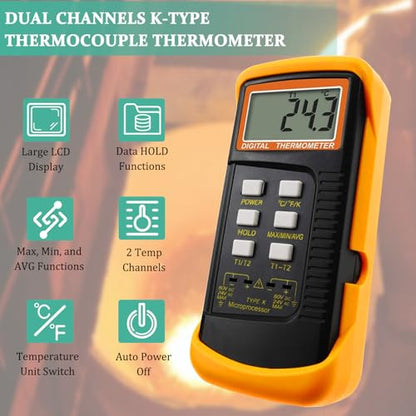 K Type Thermocouple Thermometer Dual Channels Thermocouple Tester (-58~2372°F) High Accuracy Temperature Kelvin Scale Meter with 2X Temperature Clamp & 2X Pipe Thermocouple Probes