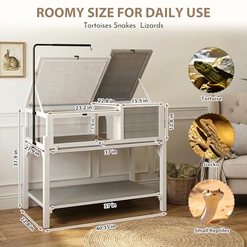 Tortoise Habitat for Small Reptiles, 2-Zone Wooden Turtle Cage with Adjustable Rotating Metal Lamp Stand, Storage Shelf, Indoor Reptile Enclosure for Tortoises, Geckos, Snakes