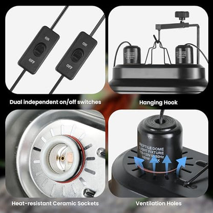 Simple Deluxe Dual Reptile Light Fixture 160W, Reflector Dome Heat/UVB Lamp Cap, for Small Animal Terrarium and Tortoise Habitat - size: Dual Dome Light 160W