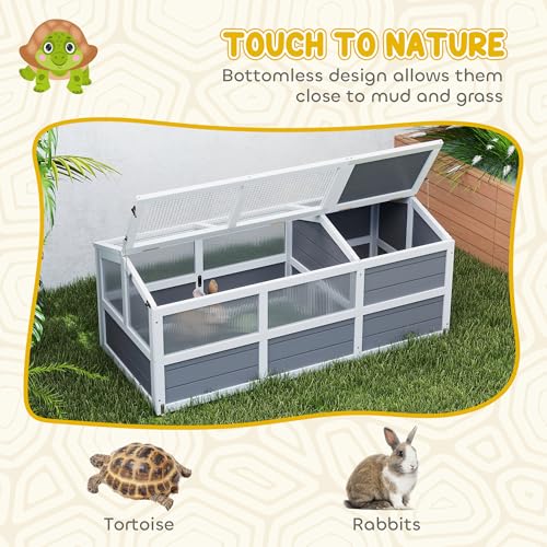 PawHut Tortoise Habitat, Wooden Outdoor Tortoise Enclosure with Doors, PC Sun Panel Windows, Bottomless Design Tortoise House for Small Animals, Rabbits, Light Gray