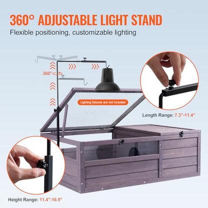 Happybuy Tortoise Habitat, Wooden Tortoise House Indoor & Outdoor, Tortoise Enclosure with Adjustable Lamp Holder, 2-Room Reptile Enclosure Small Animal Cage for Gecko, Lizard, Snake 38x24x13 inch