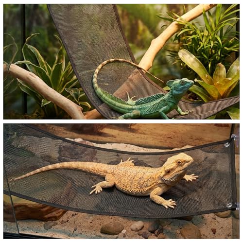 Bremorou Bearded Dragon Hammock Reptile Hammock with Suction Cups, Breathable Climbing Net Lounger for Lizard Gecko Snake Hermit Crab and Chameleon Reptile Tank Accessories Rectangle Black