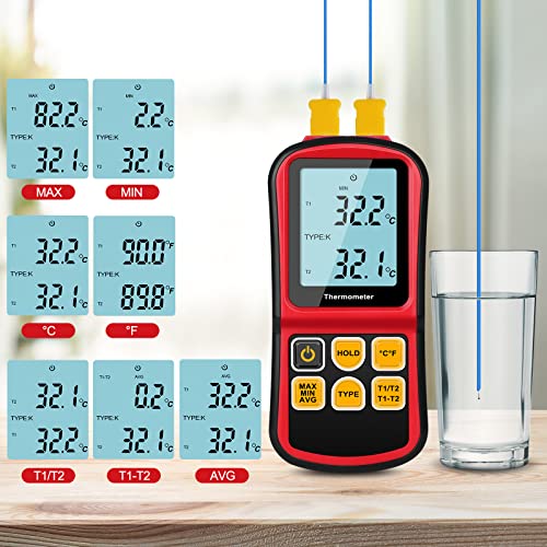 Leaton Digital Thermometer Dual Channel Thermometer Temperature Thermometer with Two K-Type Thermocouple Probe Backlight LCD K Type Thermometer for K/J/T/E/R/S/N Thermocouple