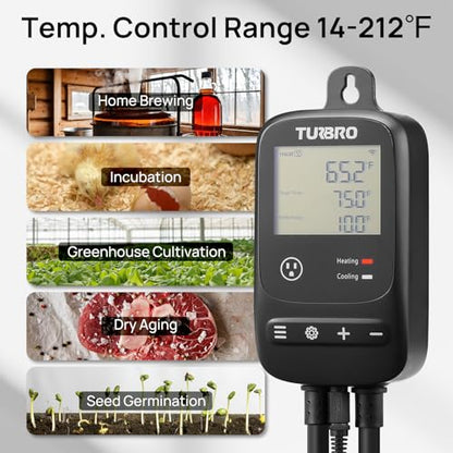 TURBRO Smart Temperature Controller Heating Cooling, WiFi-Enabled Thermostat with Timer and Temperature Monitoring for Home Brewing, Seedling, Greenhouse, and Reptile Terrarium, TC01