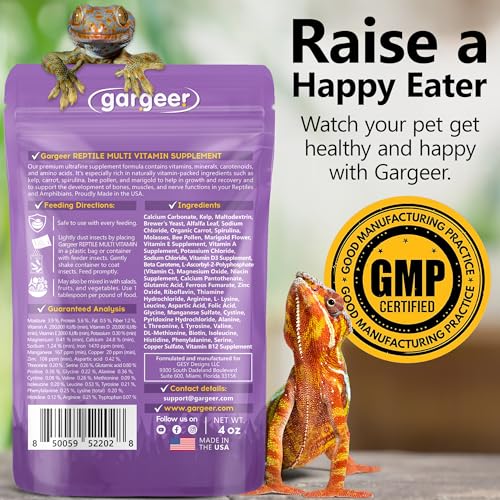 Gargeer 4oz All Reptile & Amphibian Multi-Vitamin Powder. Premium Supplement, Supports Growth, Recovery, and Development. Boosted with Minerals, Carotenoids, and Amino Acids. Made in USA. Enjoy!