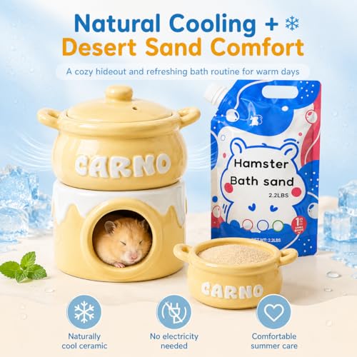 Meow&Woof Ceramic Hamster Hideout & Natural Desert Bath Sand Set, 4-in-1 Cooling Ceramic Cave with 2.2 lb Unscented Low-Dust BathSand, Small Animal House, Bowl and Daily Care Set