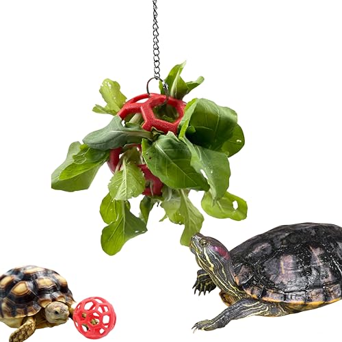 Turtle Feeder Ball with Chain, Hanging Tortoise Treat Ball, Turtle Enrichment Toys, Tortoise Hay Holder, Foraging Food Toy for Small Pet Rabbit Bunny Guinea Pig, Tortoises Accessories (Red Ball) - color: Red Ball