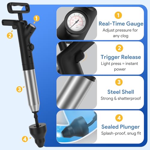 Granarbol Plungers for Bathroom, Toilet Plunger & Air Drain Blaster with Real-Time Gauge,Heavy Duty Toilet Auger & Drain Snake, Clog Remover Tool for Toilets, Sinks, Floor Drains (Black) - color: Black