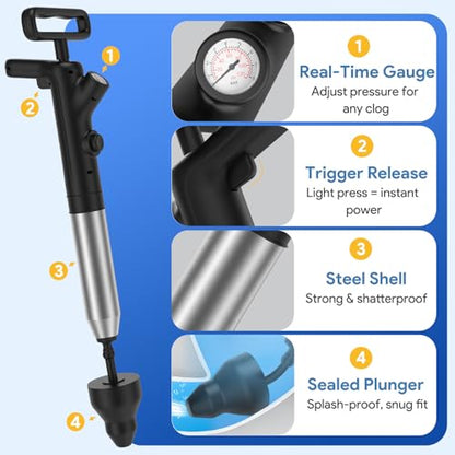 Granarbol Plungers for Bathroom, Toilet Plunger & Air Drain Blaster with Real-Time Gauge,Heavy Duty Toilet Auger & Drain Snake, Clog Remover Tool for Toilets, Sinks, Floor Drains (Black) - color: Black