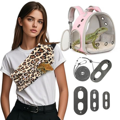 Portable Bearded Dragon Backpack Carrier with Leash and Harness Set, Beardie Carrier, Lizard Adjustable Harness with Leather Wings and Sling Bag, Reptile Small Pet Travel Cage - color: Pink