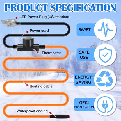 3ft Heat Tape for Water Pipes, Water Line Heat Tape with Thermostat, Freeze Protection Heating Tape for Water Pipes, Pipe Heat Tape, for Metal Plastic Pipes and Roof RV Protection in Winter - style: 3FT with Thermostat